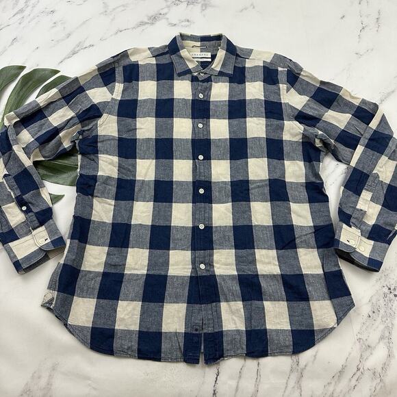Trenery Mens Linen Button Up Shirt Size XXL Blue White Check Plaid Long Sleeve - Picture 1 of 12